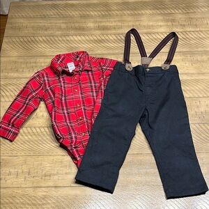 Carter's Red Plaid Shirt and Pant/Suspender Set